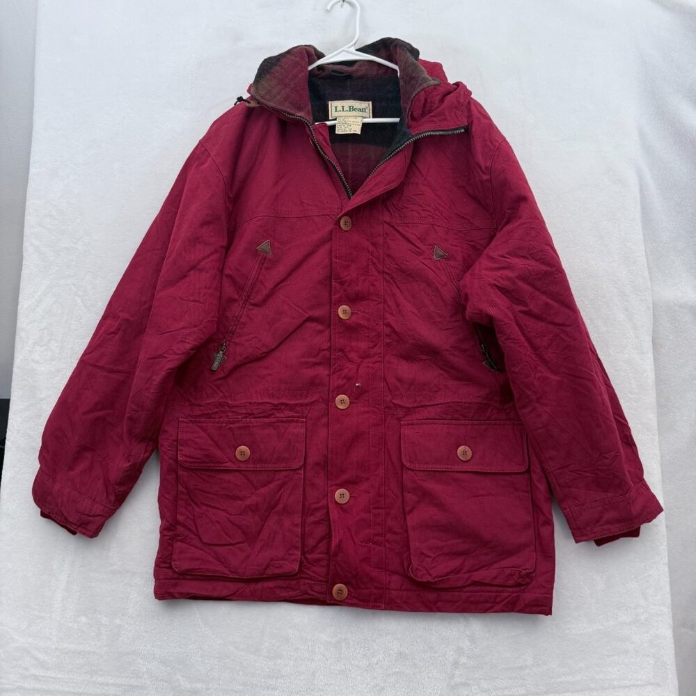 Vintage LL Bean Jacket Mens M Red Chore Parka Full Zip Wool Line Canvas Hooded